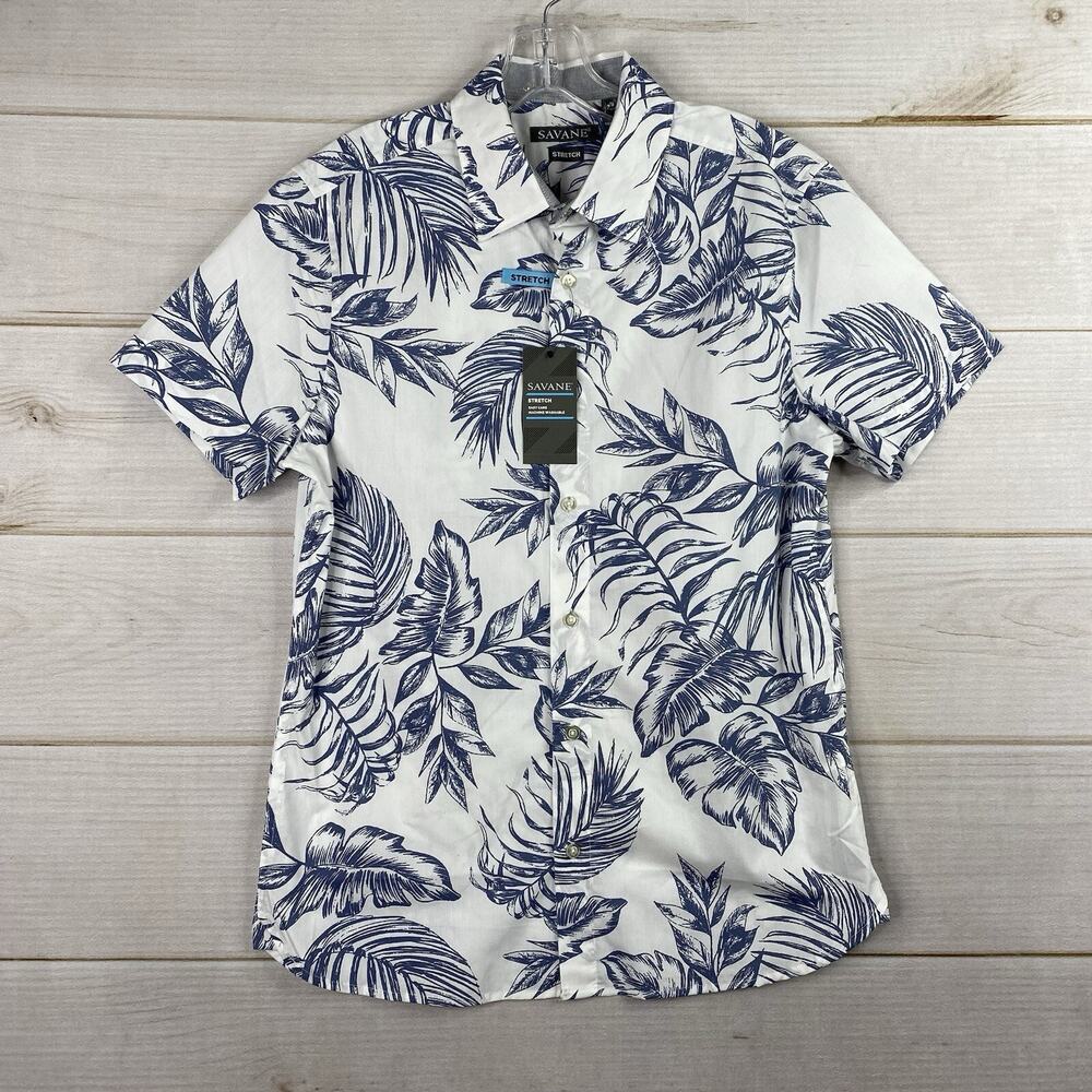 Savane Shirt Mens S White Floral Hawaiian Button Up Short Sleeve Stretch NWT